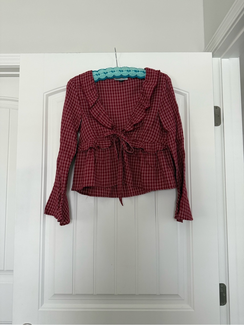 American Eagle Outfitters Red Plaid Ruffle Tie-Front Blouse